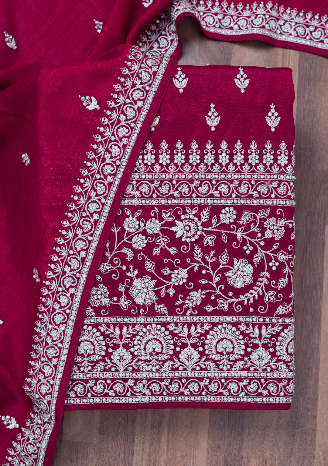 Maroon Soft Raw Silk Cording Unstitched Dress Material With Matching Bottom And Dupatta