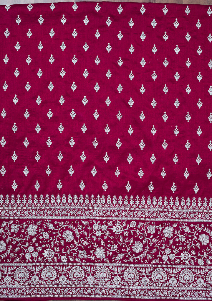 Maroon Soft Raw Silk Cording Unstitched Dress Material With Matching Bottom And Dupatta