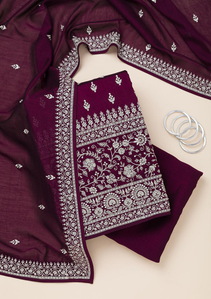 Wine Soft Raw Silk Cording Unstitched Dress Material With Matching Bottom And Dupatta