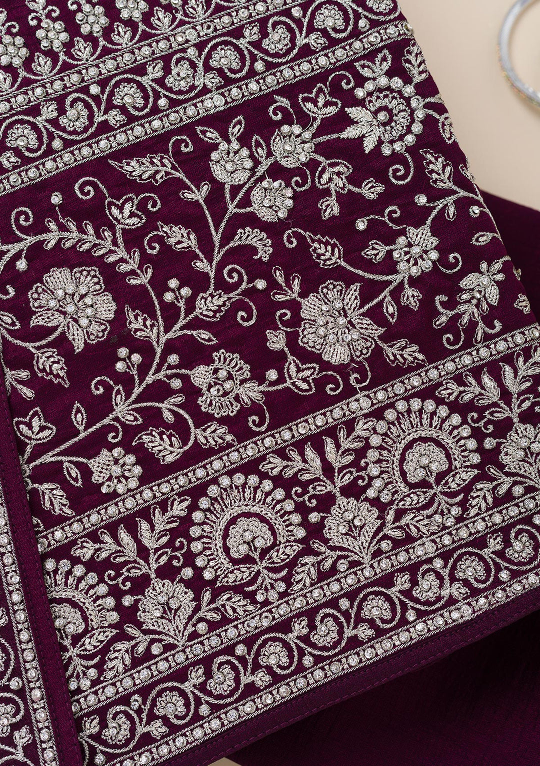 Wine Soft Raw Silk Cording Unstitched Dress Material With Matching Bottom And Dupatta