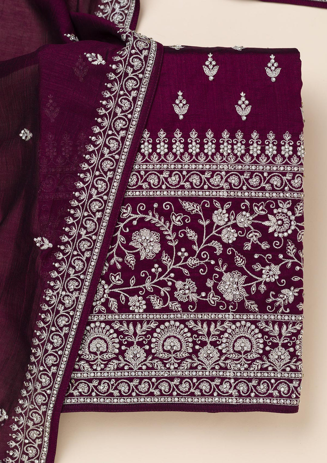 Wine Soft Raw Silk Cording Unstitched Dress Material With Matching Bottom And Dupatta