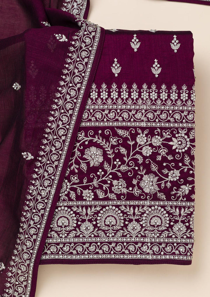 Wine Soft Raw Silk Cording Unstitched Dress Material With Matching Bottom And Dupatta