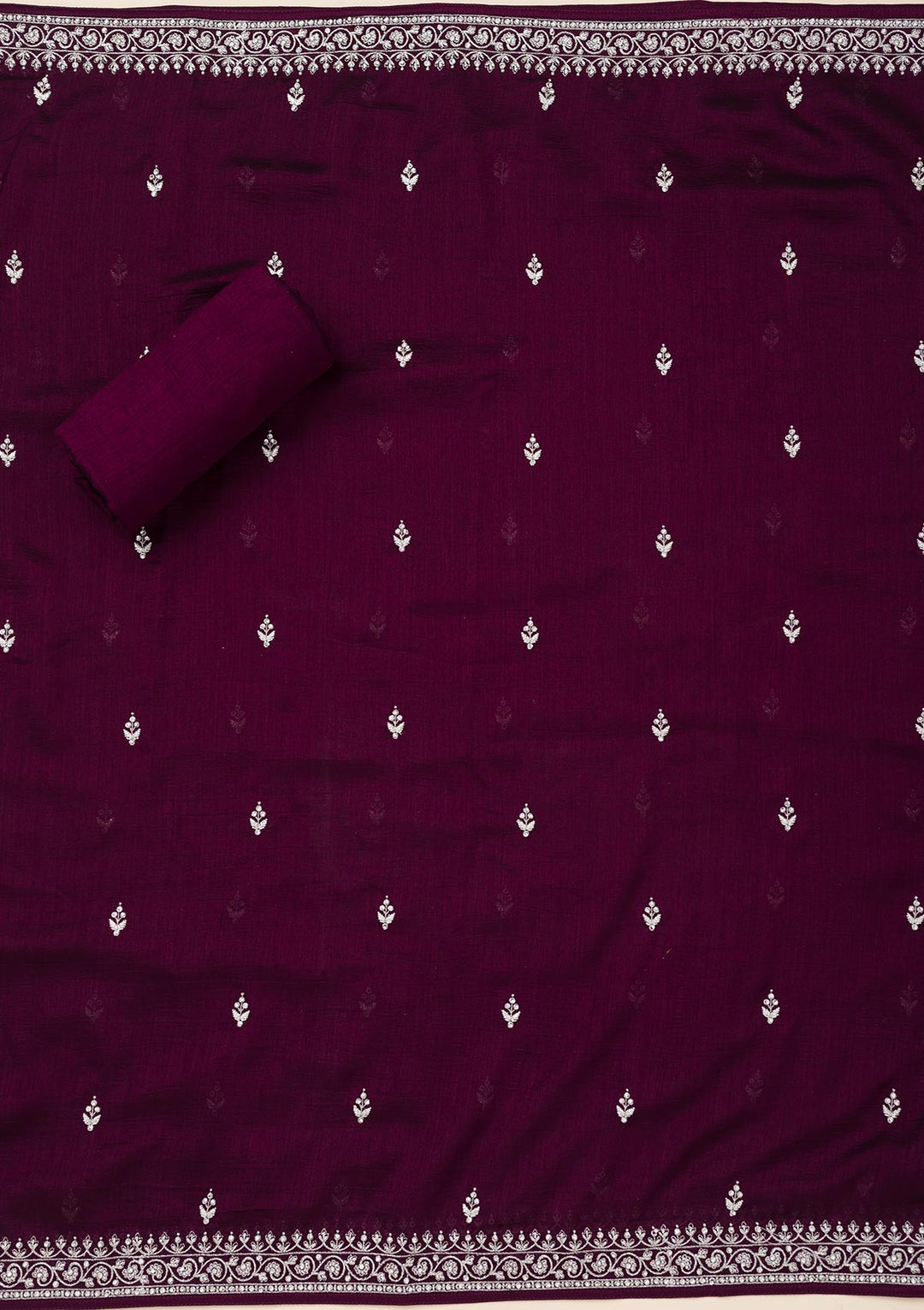 Wine Soft Raw Silk Cording Unstitched Dress Material With Matching Bottom And Dupatta