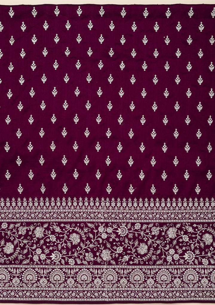 Wine Soft Raw Silk Cording Unstitched Dress Material With Matching Bottom And Dupatta