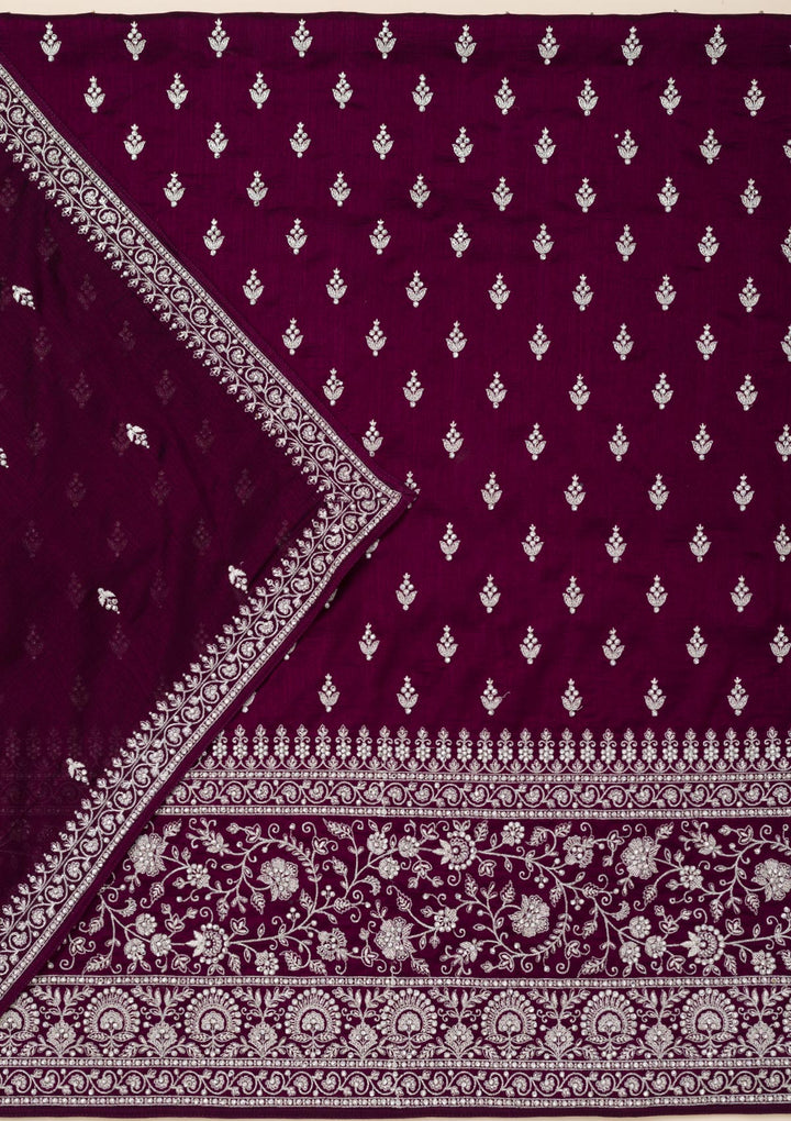 Wine Soft Raw Silk Cording Unstitched Dress Material With Matching Bottom And Dupatta