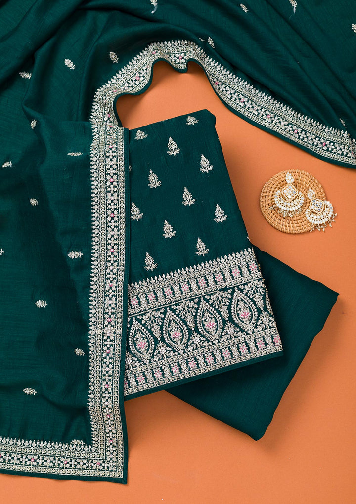 Bottle Green Soft Raw Silk Cording Unstitched Dress Material With Matching Bottom And Dupatta