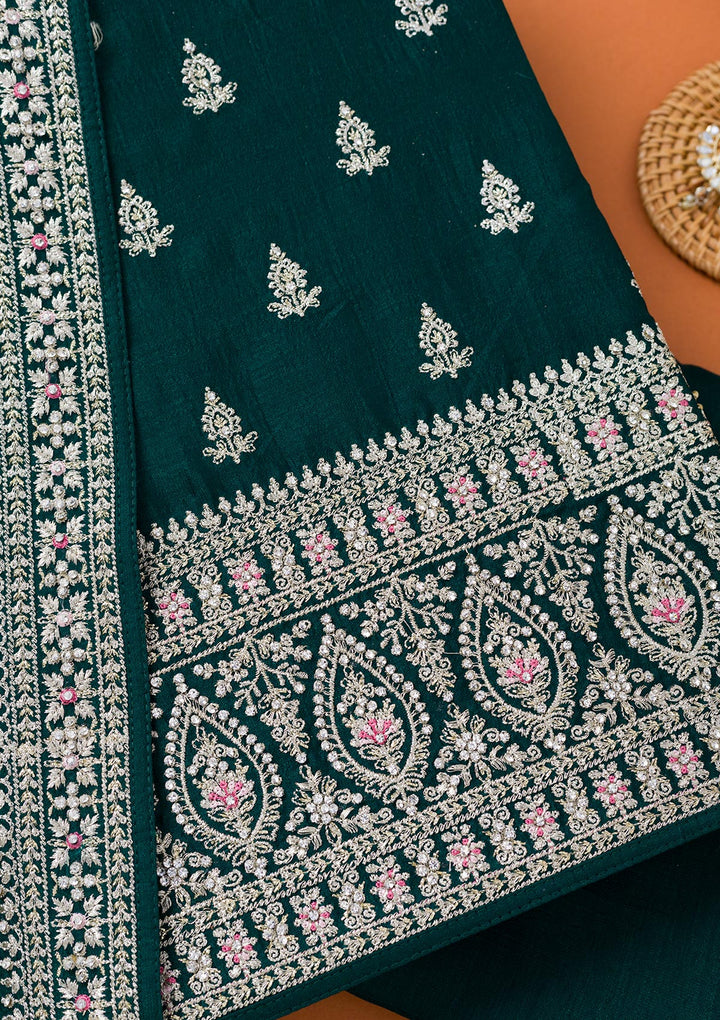 Bottle Green Soft Raw Silk Cording Unstitched Dress Material With Matching Bottom And Dupatta