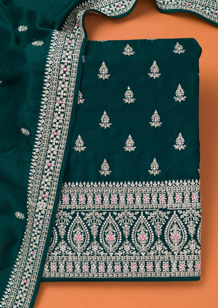 Bottle Green Soft Raw Silk Cording Unstitched Dress Material With Matching Bottom And Dupatta