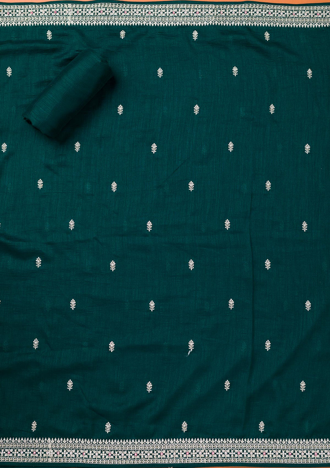 Bottle Green Soft Raw Silk Cording Unstitched Dress Material With Matching Bottom And Dupatta