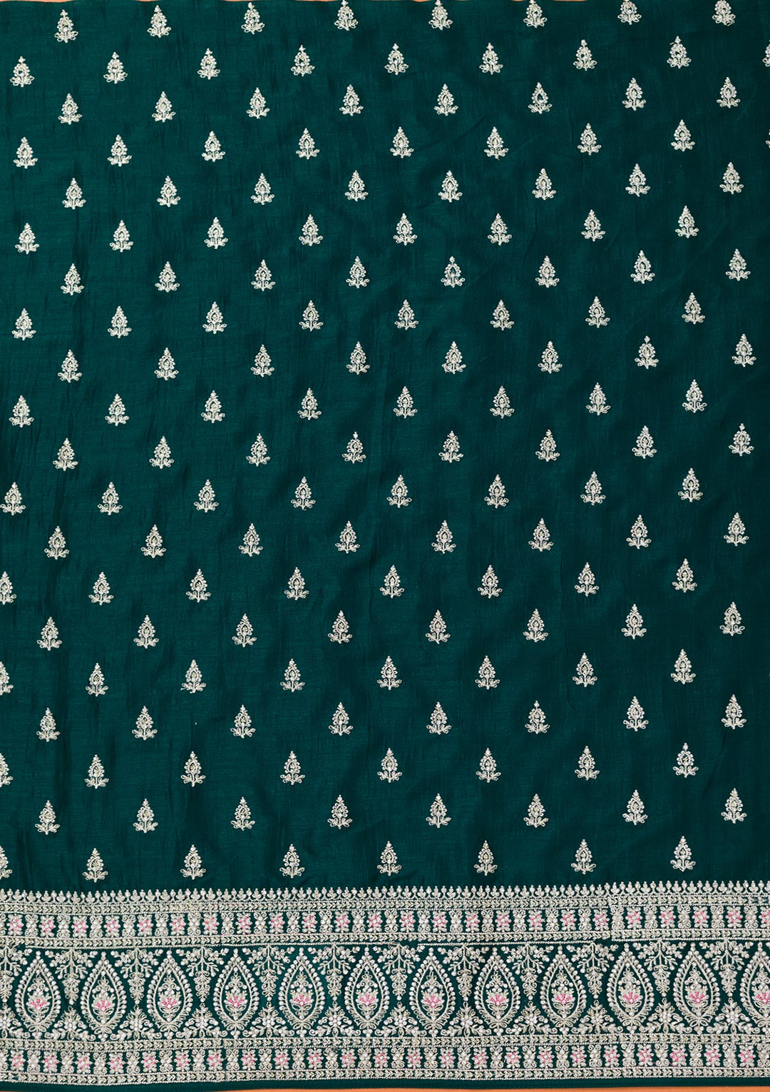 Bottle Green Soft Raw Silk Cording Unstitched Dress Material With Matching Bottom And Dupatta