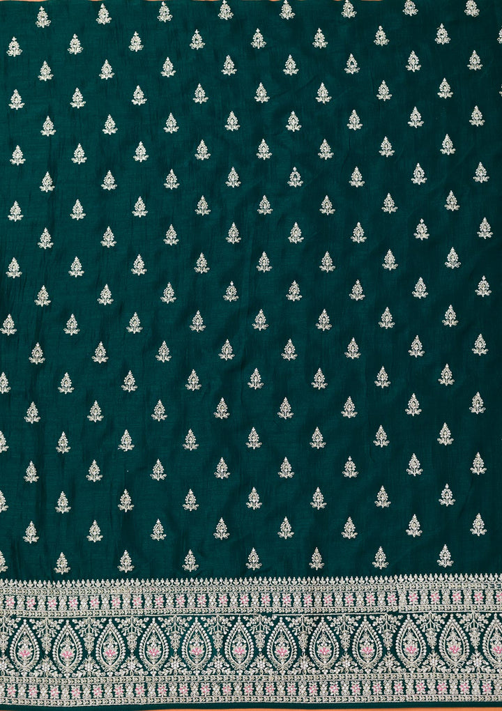 Bottle Green Soft Raw Silk Cording Unstitched Dress Material With Matching Bottom And Dupatta