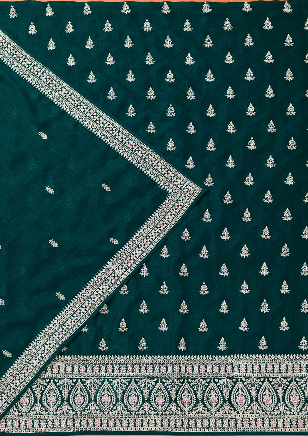 Bottle Green Soft Raw Silk Cording Unstitched Dress Material With Matching Bottom And Dupatta