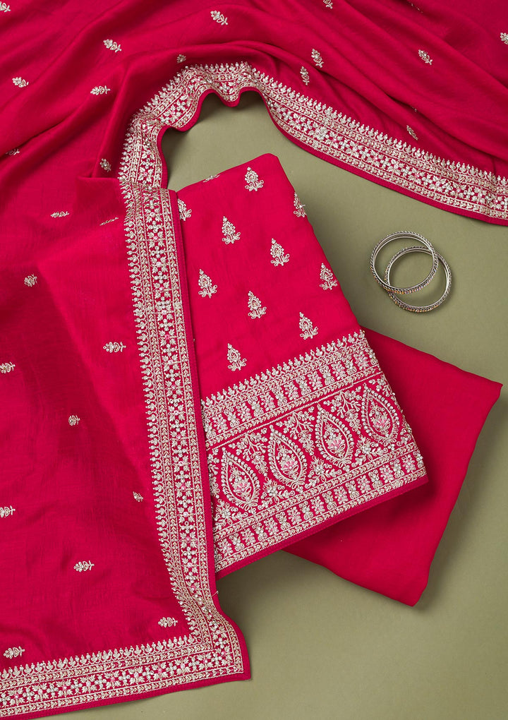 Rani Pink Zariwork Art Silk Unstitched Salwar Suit