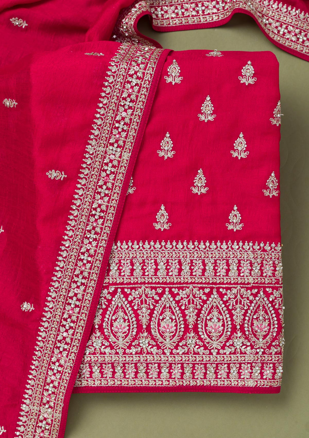 Rani Pink Zariwork Art Silk Unstitched Salwar Suit