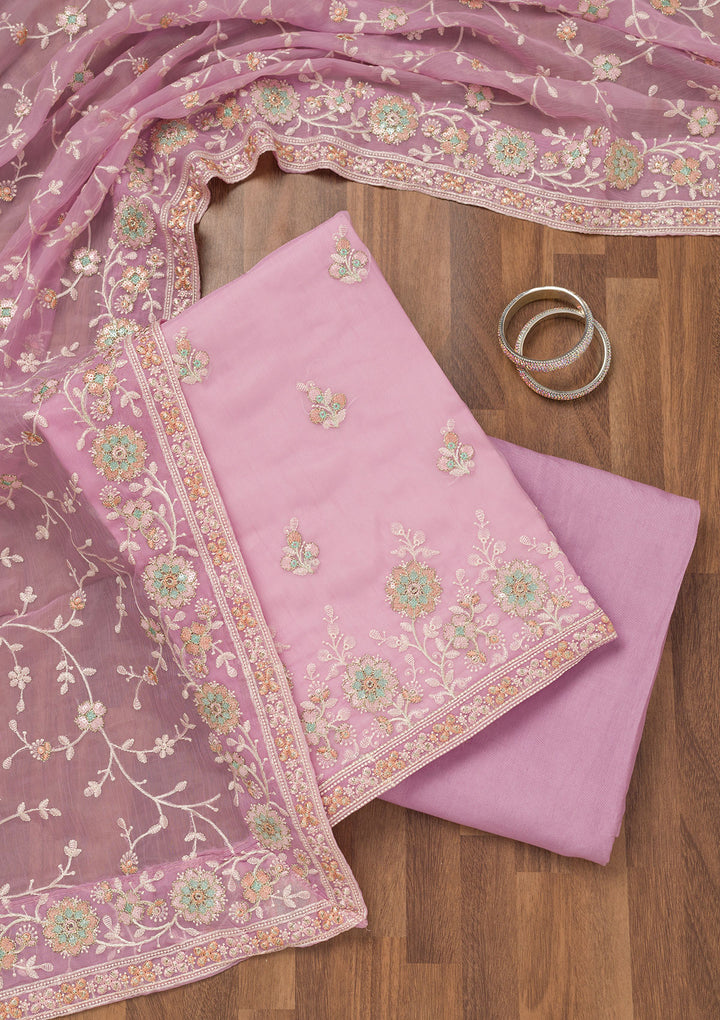 Lavender Threadwork Semi Crepe Unstitched Salwar Suit