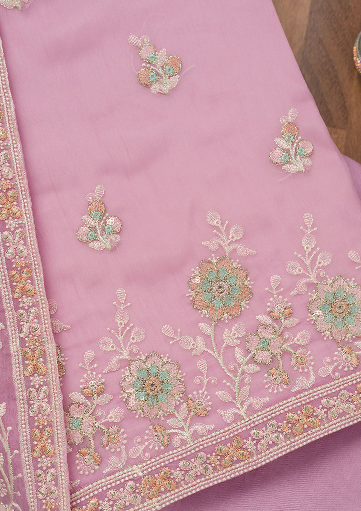 Lavender Threadwork Semi Crepe Unstitched Salwar Suit