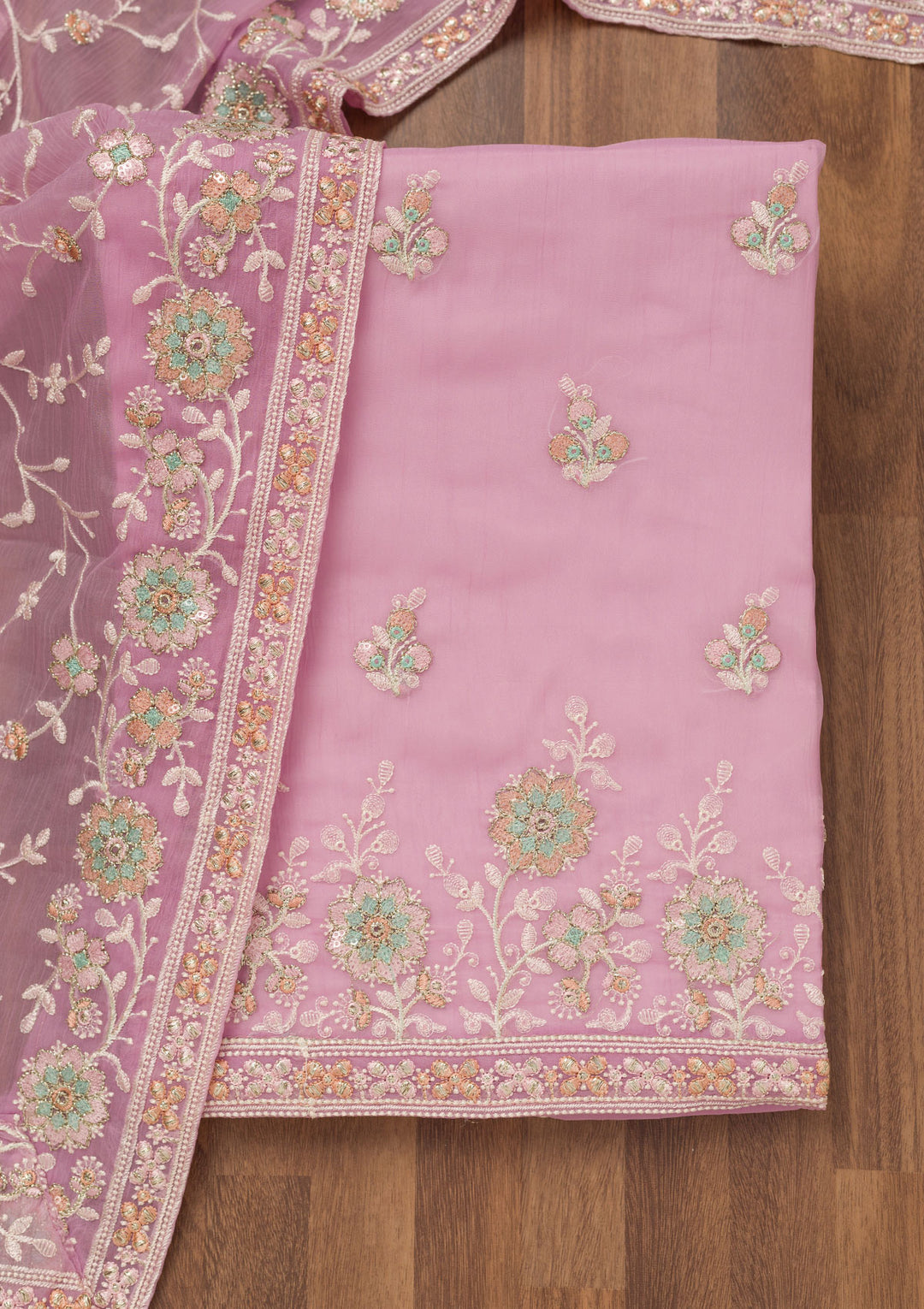 Lavender Threadwork Semi Crepe Unstitched Salwar Suit