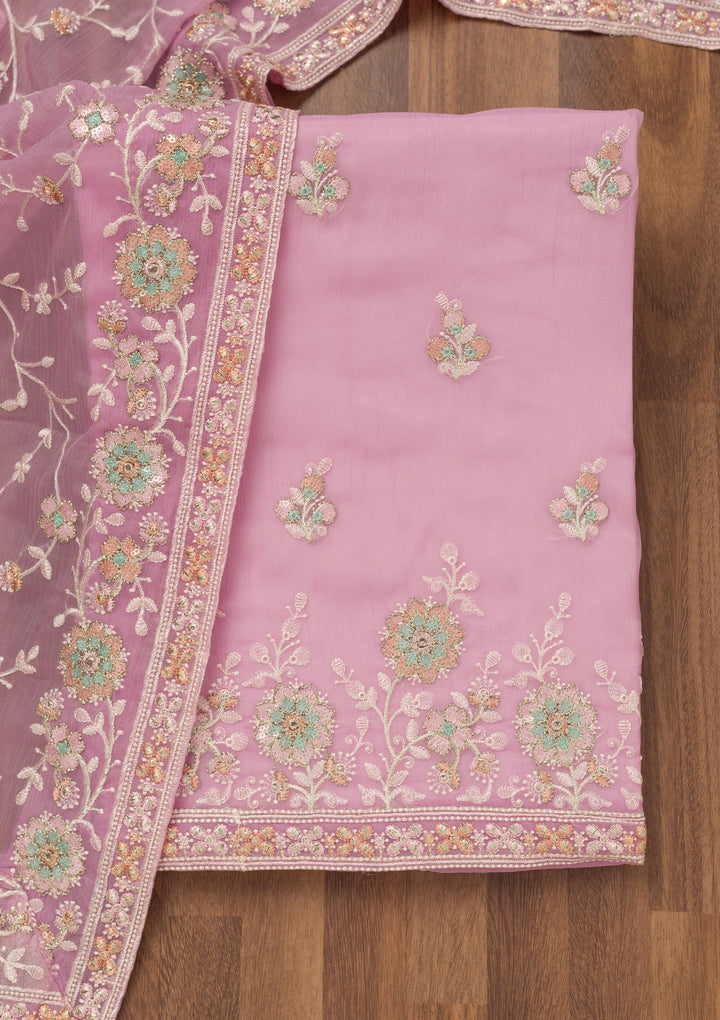 Lavender Threadwork Semi Crepe Unstitched Salwar Suit