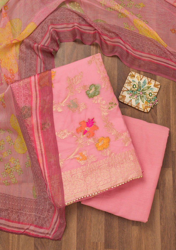Pink Cutdana Art Silk Unstitched Salwar Suit