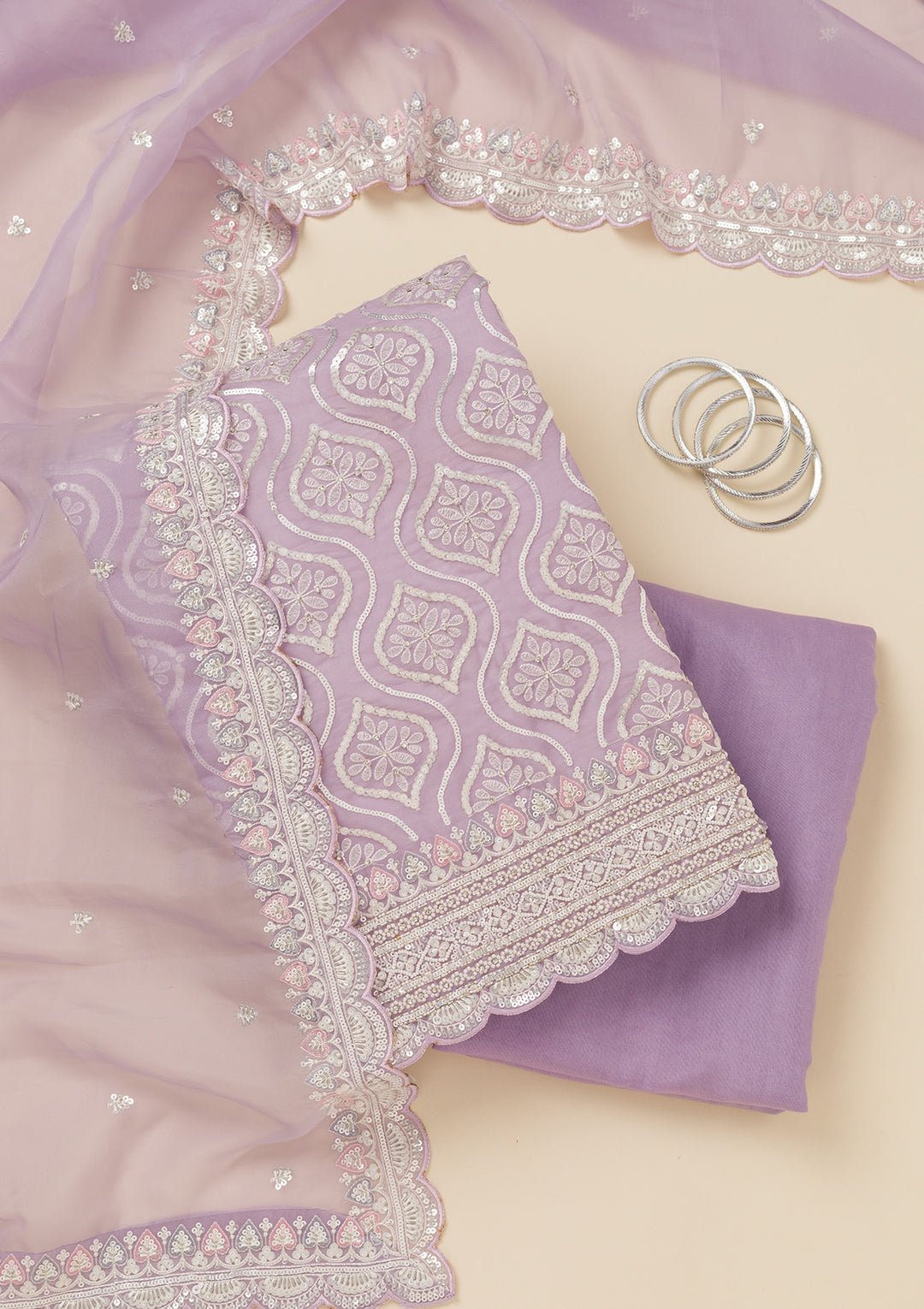 Lavender Tissue Sequins Unstitched Dress Material With Matching Bottom And Dupatta