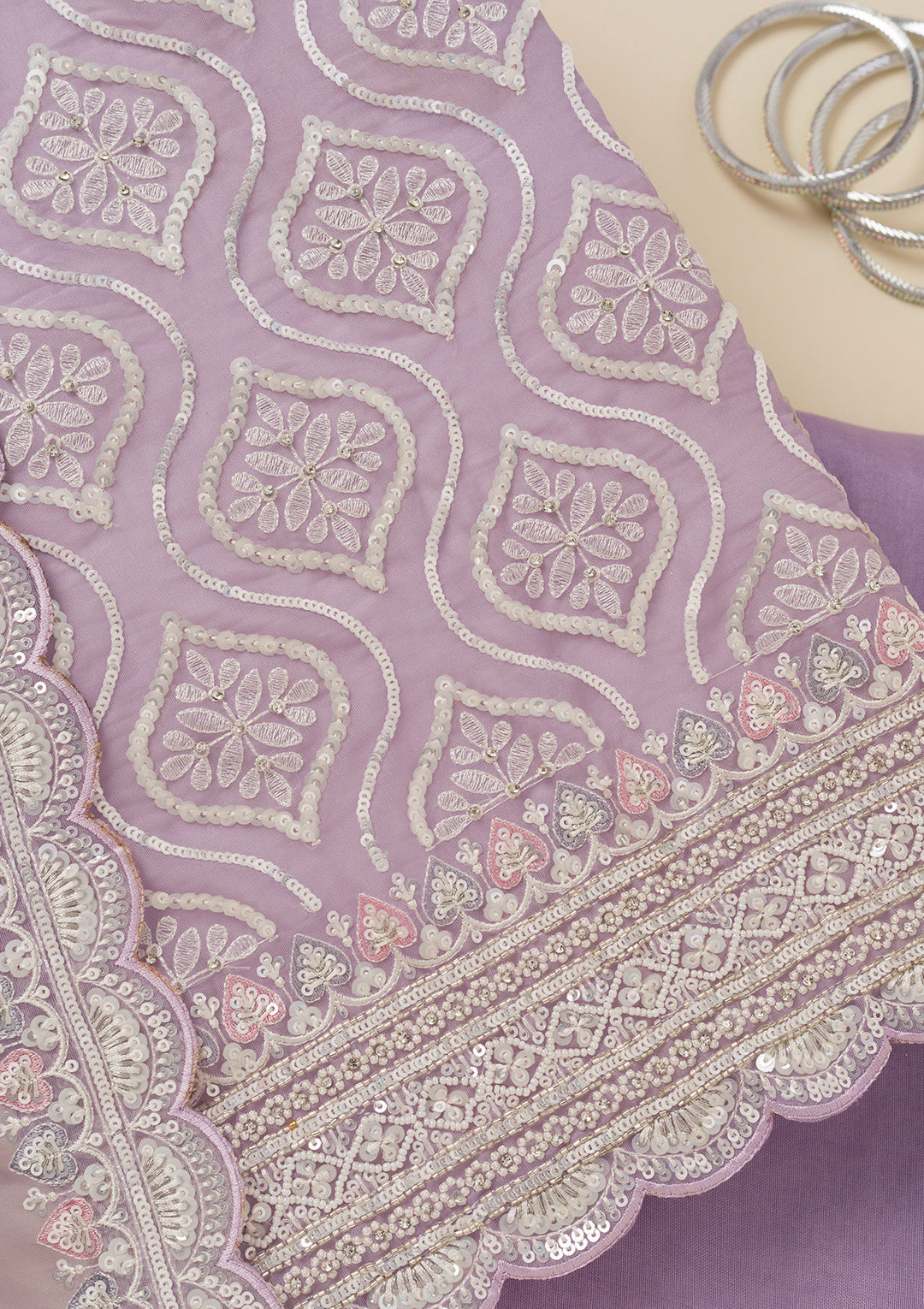 Lavender Tissue Sequins Unstitched Dress Material With Matching Bottom And Dupatta