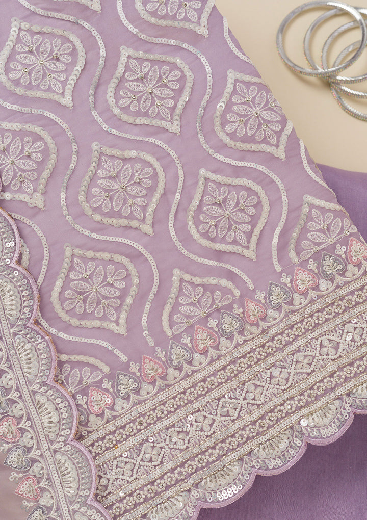 Lavender Tissue Sequins Unstitched Dress Material With Matching Bottom And Dupatta