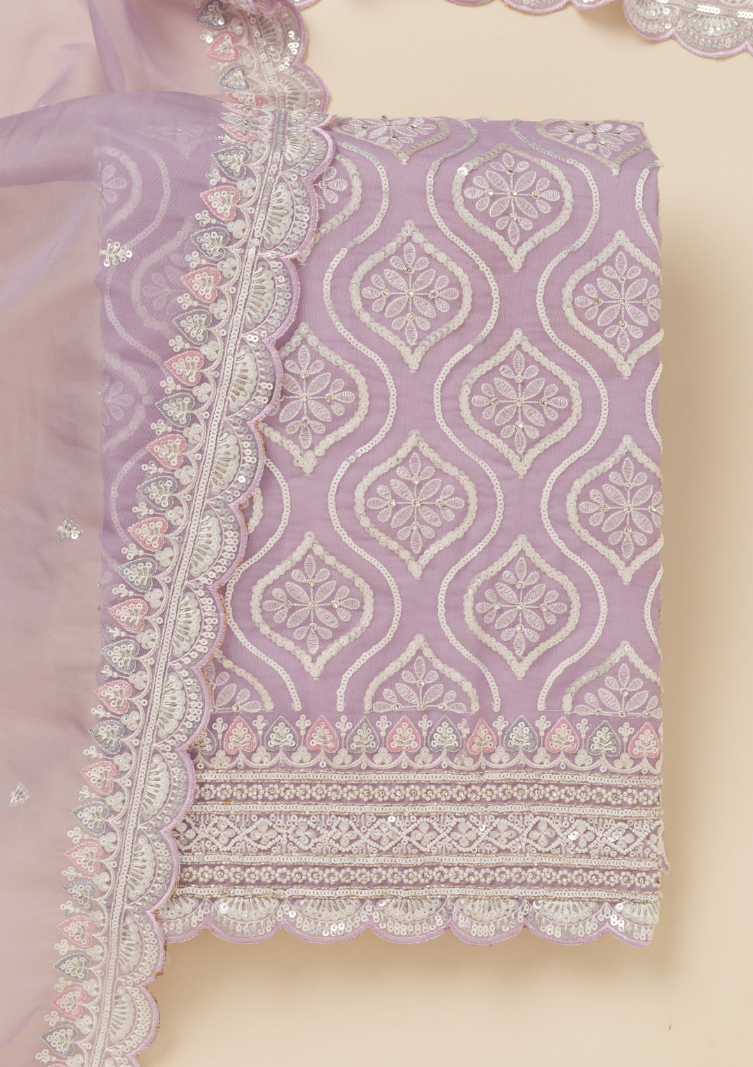 Lavender Tissue Sequins Unstitched Dress Material With Matching Bottom And Dupatta
