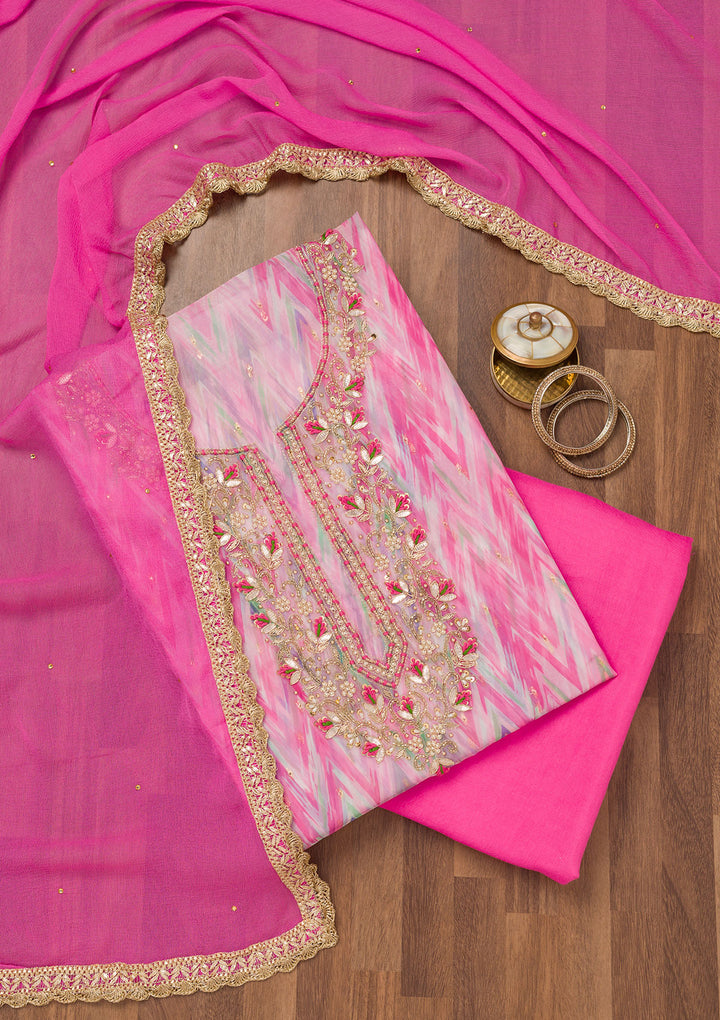 Pink Tissue Leheria Gotapatti Unstitched Dress Material With Matching Bottom And Dupatta