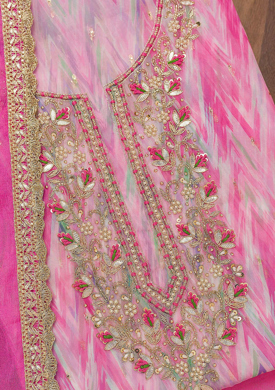 Pink Tissue Leheria Gotapatti Unstitched Dress Material With Matching Bottom And Dupatta