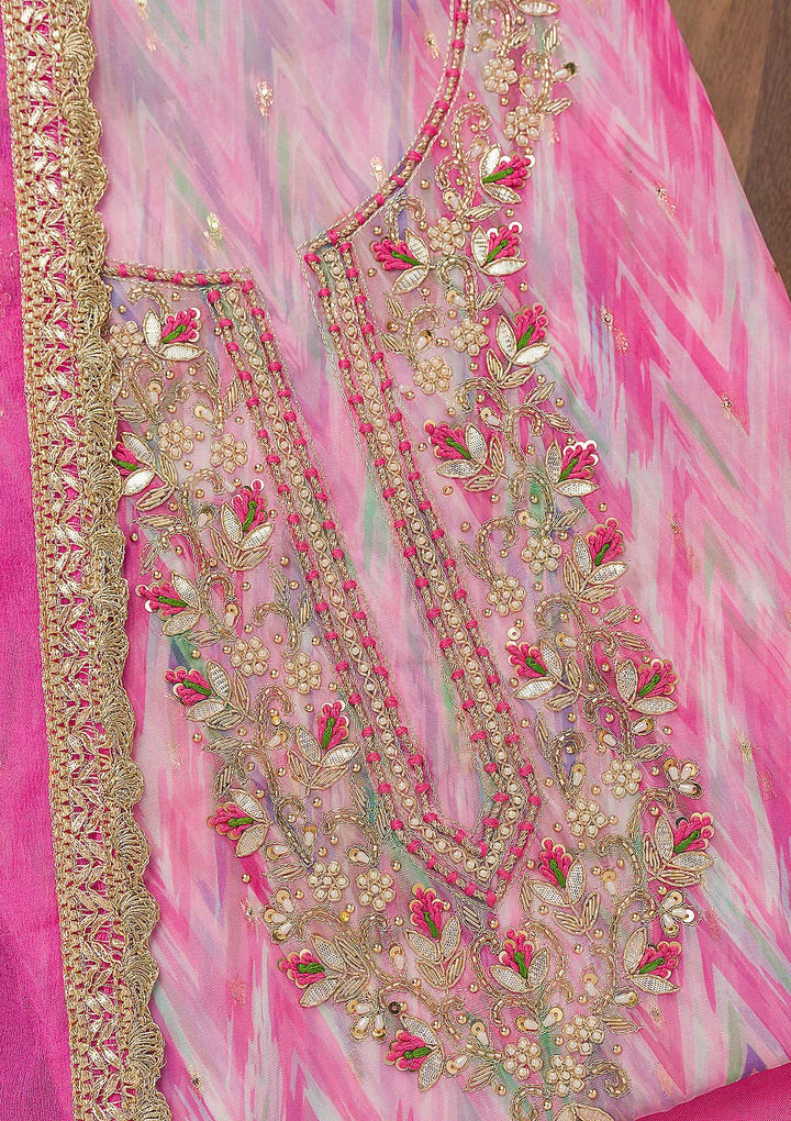 Pink Tissue Leheria Gotapatti Unstitched Dress Material With Matching Bottom And Dupatta