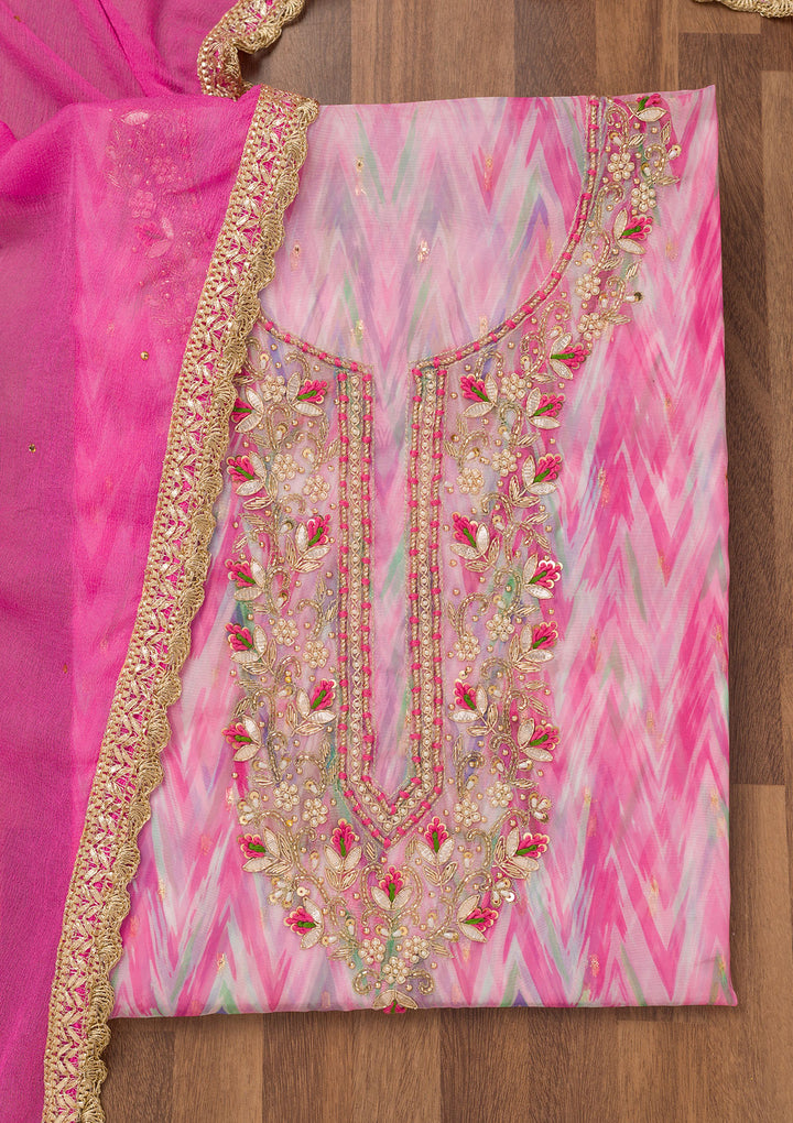 Pink Tissue Leheria Gotapatti Unstitched Dress Material With Matching Bottom And Dupatta