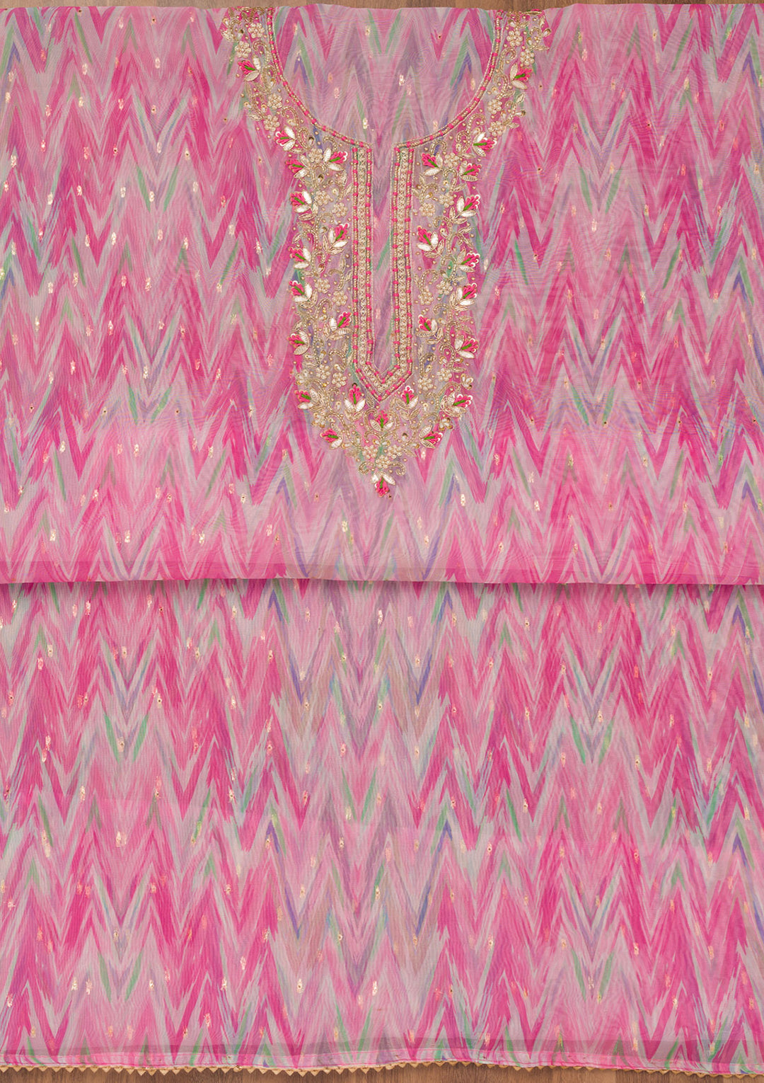Pink Tissue Leheria Gotapatti Unstitched Dress Material With Matching Bottom And Dupatta