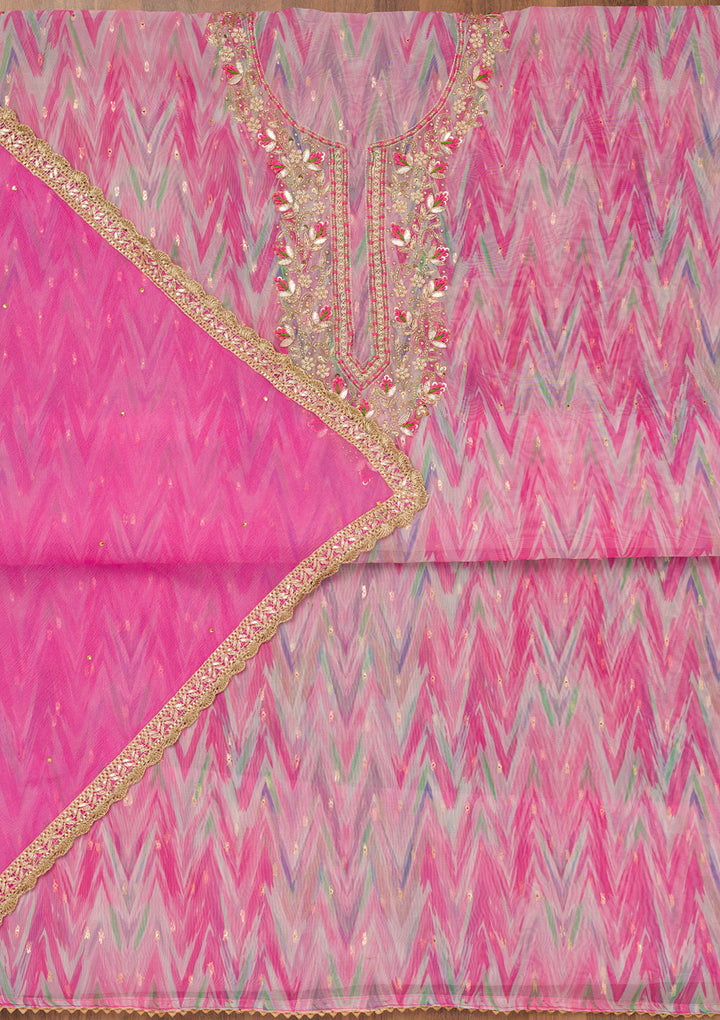 Pink Tissue Leheria Gotapatti Unstitched Dress Material With Matching Bottom And Dupatta