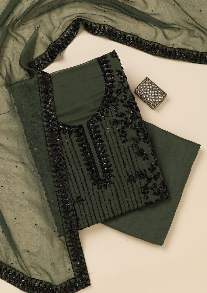 Leaf Green Tissue Cutdana Unstitched Dress Material With Matching Bottom And Dupatta