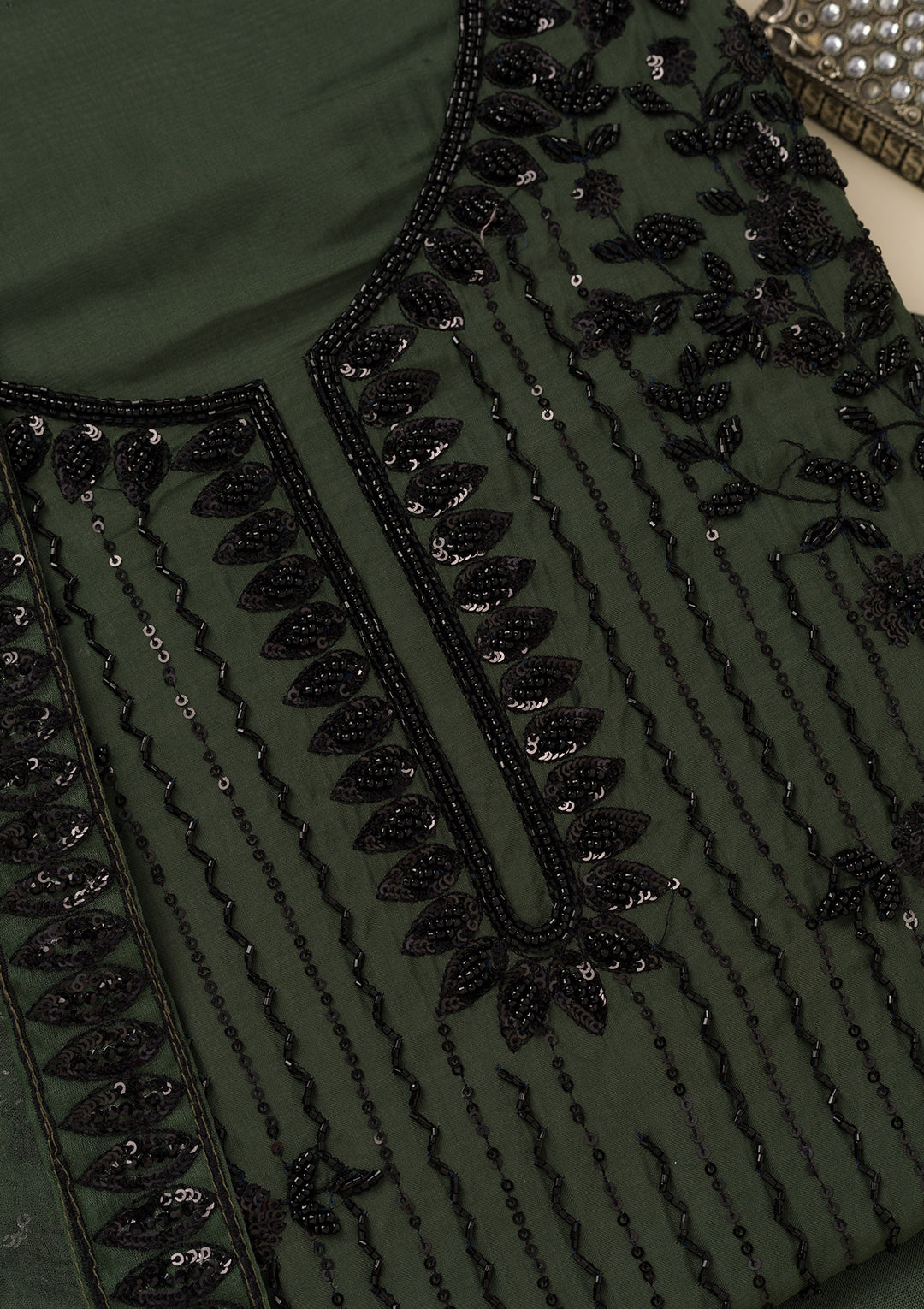Leaf Green Tissue Cutdana Unstitched Dress Material With Matching Bottom And Dupatta