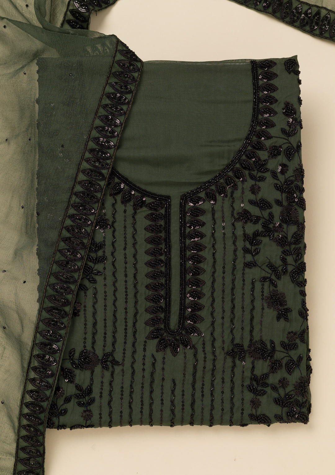 Leaf Green Tissue Cutdana Unstitched Dress Material With Matching Bottom And Dupatta