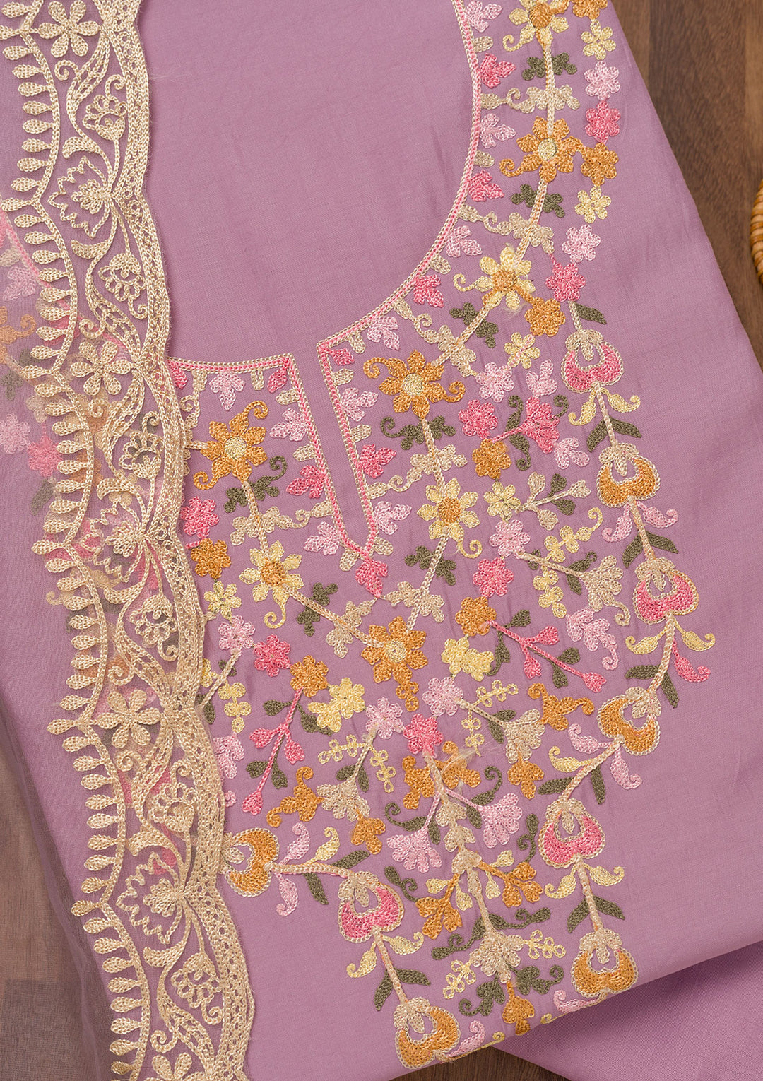 Lavender Muslin Threadwork Unstitched Dress Material With Matching Bottom And Dupatta