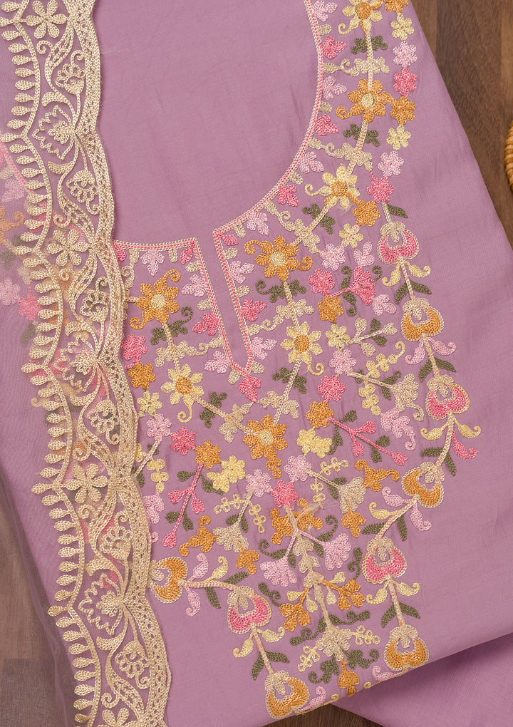 Lavender Muslin Threadwork Unstitched Dress Material With Matching Bottom And Dupatta