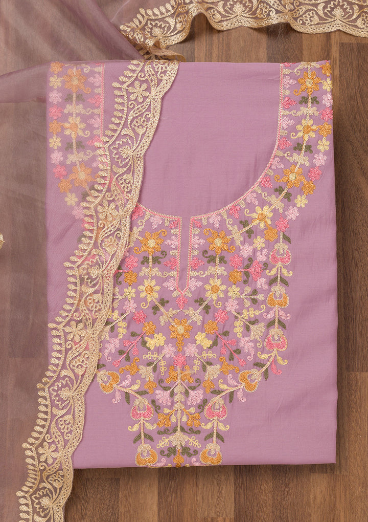 Lavender Muslin Threadwork Unstitched Dress Material With Matching Bottom And Dupatta