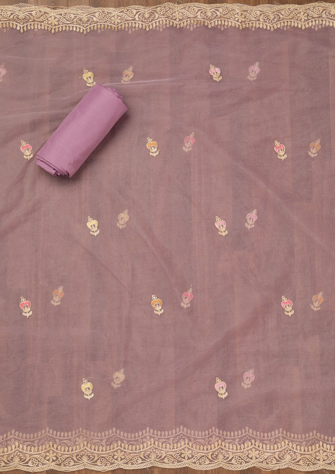 Lavender Muslin Threadwork Unstitched Dress Material With Matching Bottom And Dupatta
