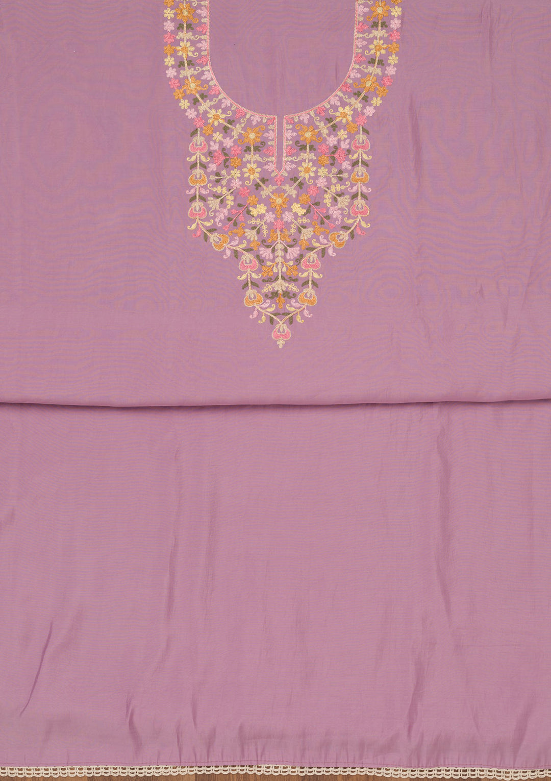 Lavender Muslin Threadwork Unstitched Dress Material With Matching Bottom And Dupatta