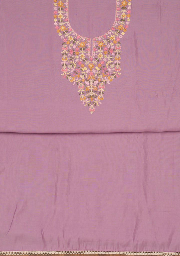 Lavender Muslin Threadwork Unstitched Dress Material With Matching Bottom And Dupatta