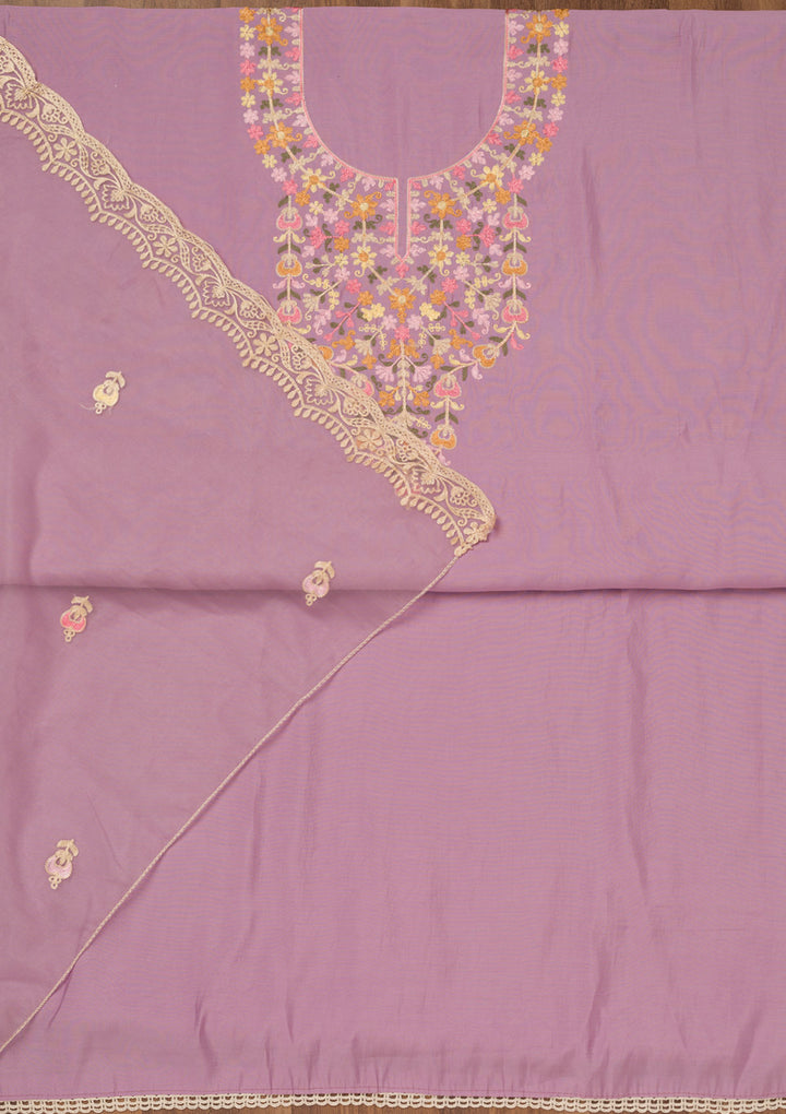 Lavender Muslin Threadwork Unstitched Dress Material With Matching Bottom And Dupatta