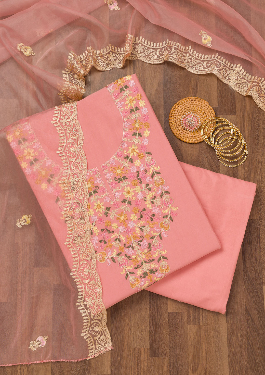 Peach Muslin Threadwork Unstitched Dress Material With Matching Bottom And Dupatta