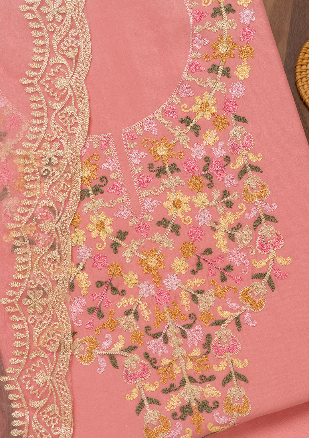 Peach Muslin Threadwork Unstitched Dress Material With Matching Bottom And Dupatta