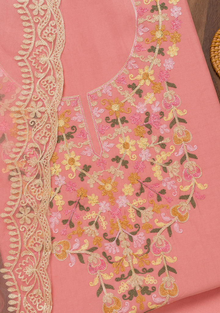 Peach Muslin Threadwork Unstitched Dress Material With Matching Bottom And Dupatta