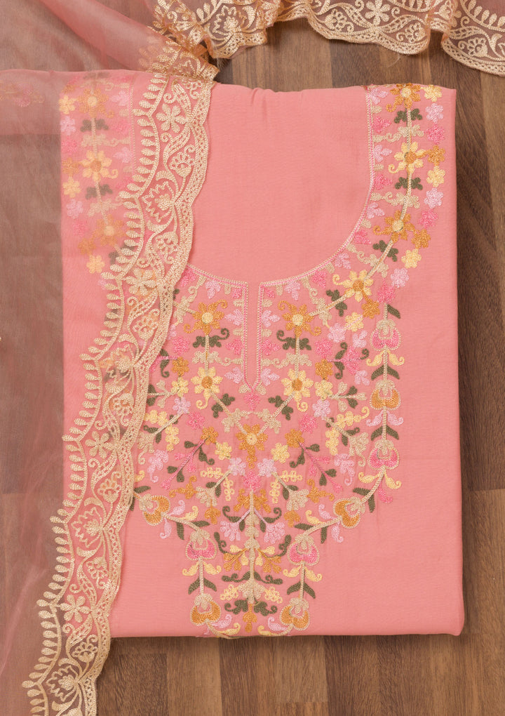 Peach Muslin Threadwork Unstitched Dress Material With Matching Bottom And Dupatta