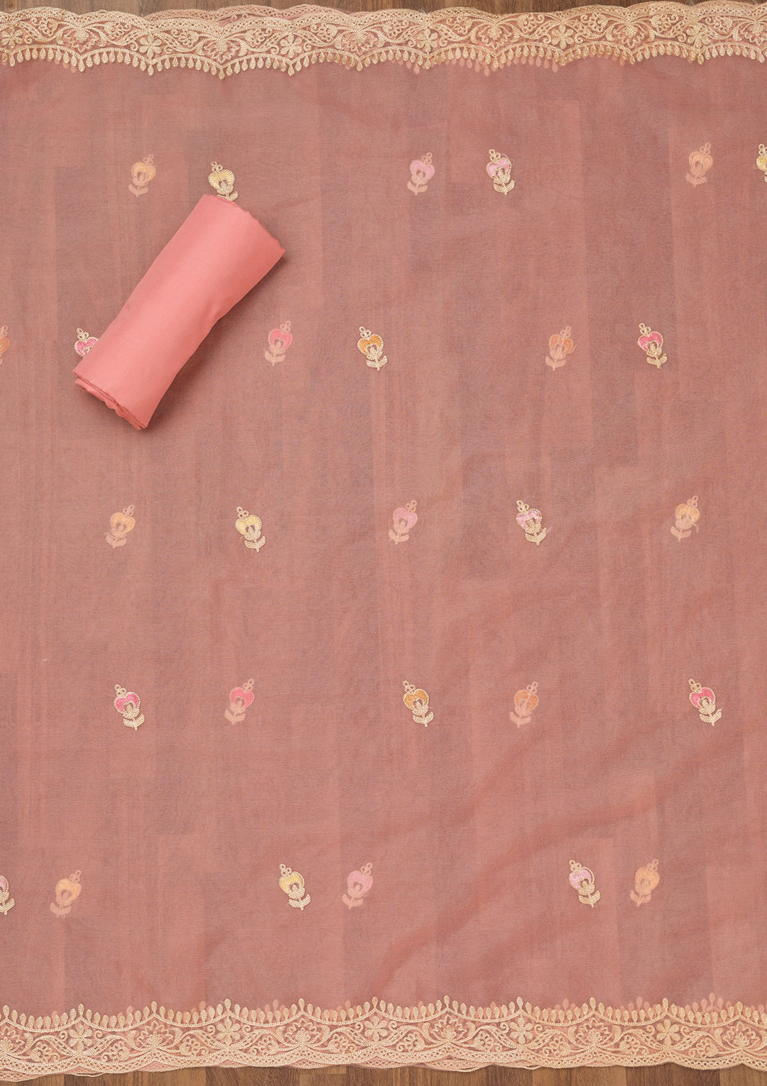 Peach Muslin Threadwork Unstitched Dress Material With Matching Bottom And Dupatta