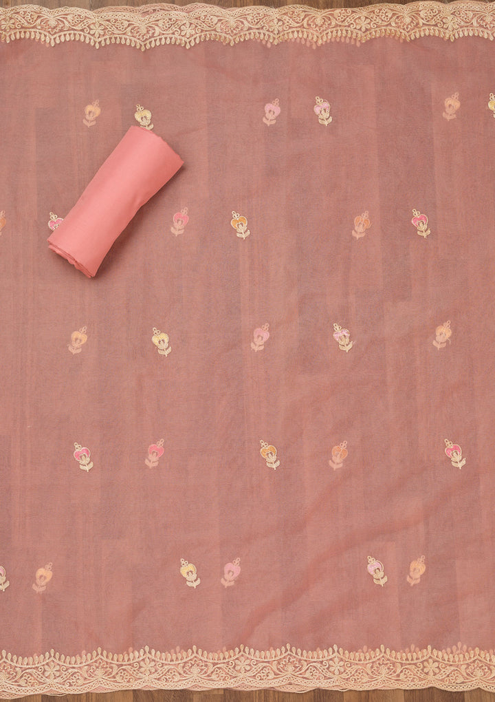 Peach Muslin Threadwork Unstitched Dress Material With Matching Bottom And Dupatta