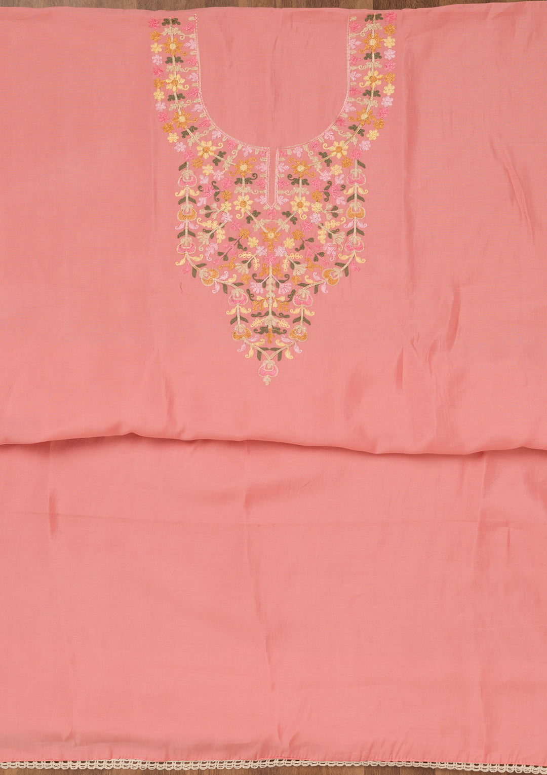 Peach Muslin Threadwork Unstitched Dress Material With Matching Bottom And Dupatta